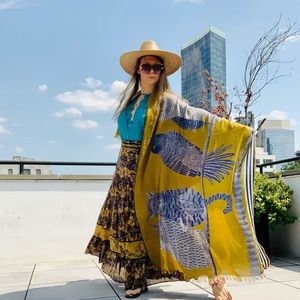 🇫🇷 Inouïtoosh Wool Mustard Owl Cat Fringed Blanket Scarf